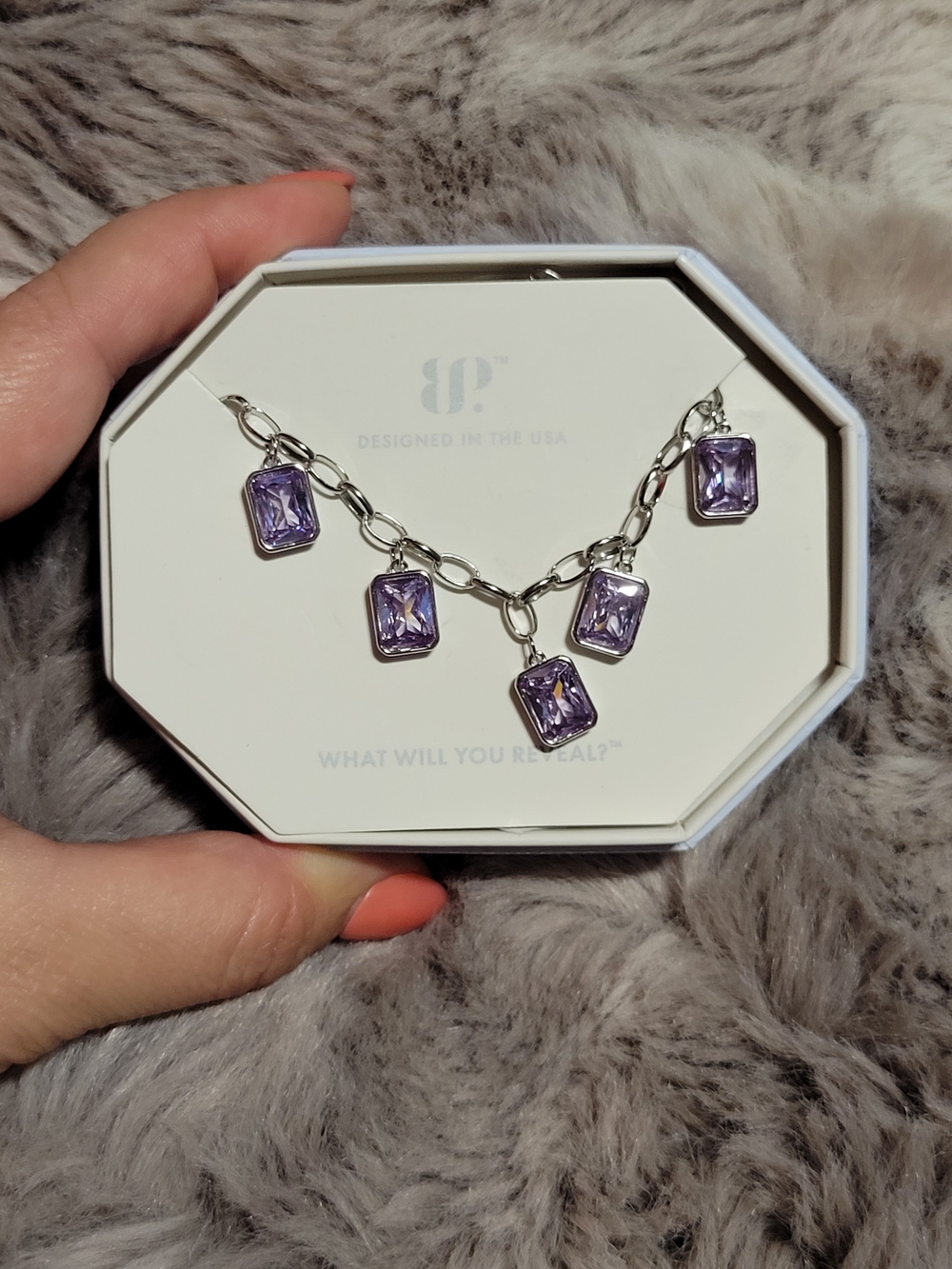 Silver Chain Necklace with Lavender Rectangular Crystal Charms
